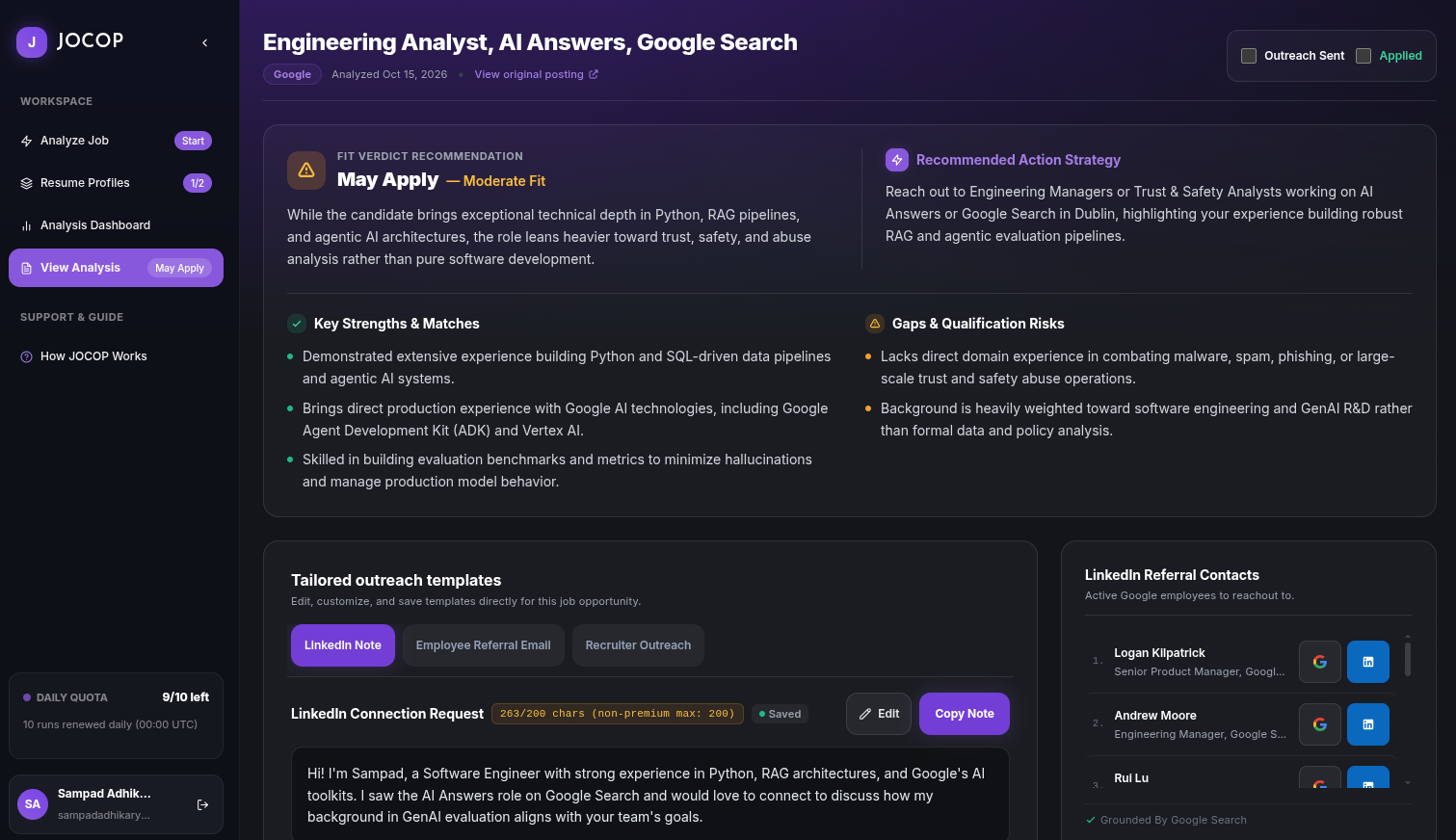 Screenshot of JOCOP Copilot and Match Analysis
